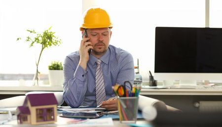 Caucasian Engineer Working on House Blueprintの写真素材