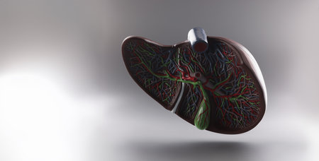 Plastic model of the liver in a section on a gray backgroundの写真素材