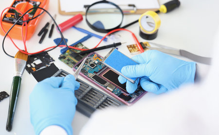 Male technician change battery in smartphone modern device dont workの写真素材