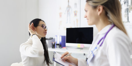 Client complain on pain in ear and doctor check patients ear on medical examinationの写真素材