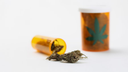 Medicinal cannabis or marijuana flower buds put in plastic containerの写真素材