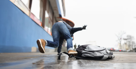 Person falling on slippery ground in winter seasonの写真素材