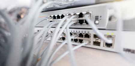 Set of cable network connected to internet switch servers in center