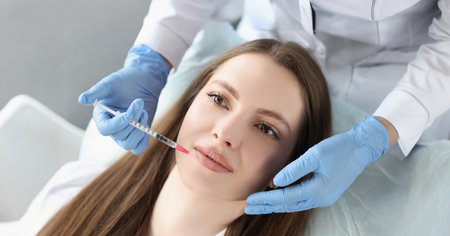 Young woman gets injection of botox in her lips, cosmetologist using syringeの写真素材