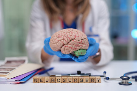 The concept of neurosurgery, featuring a brain model within a clinical medical environment