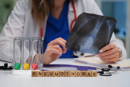 Doctor Conducting an InDepth Analysis of Chest XRay for Accurate Pneumothorax Diagnosisの写真素材