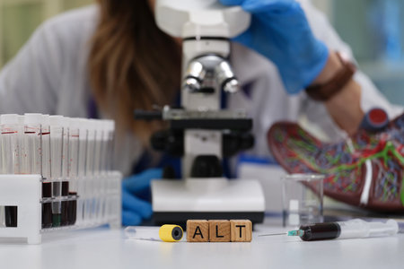 Conducting Laboratory Research Utilizing a Microscope Alongside Blood Samples for Analysisの写真素材