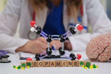 Dopamine Molecule Illustrated with Medical Context Alongside Brain Visualization and Analysisの写真素材