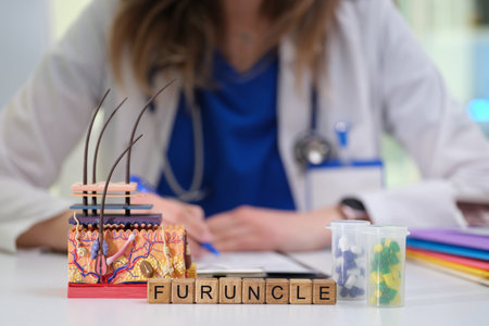 A Medical Model Demonstrating Furuncle and the Various Treatment Techniques Availableの写真素材