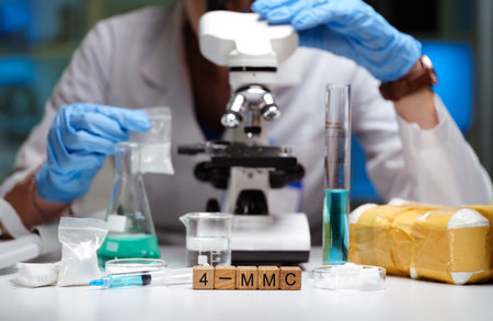 Advanced Laboratory Analysis using Microscopes, Instruments, and Various Chemicals for Researchの写真素材