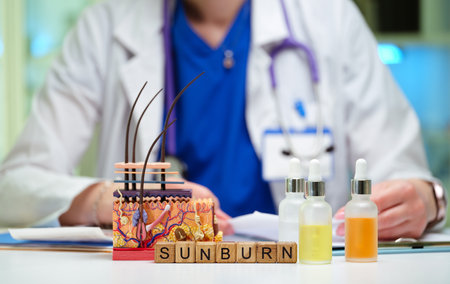 A Doctor Conducts a Thorough Examination of Various Sunburn Treatment Options in the Clinicの写真素材