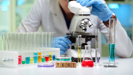 A scientist diligently conducting detailed research with a microscope and test tubesの写真素材
