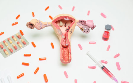 A detailed Anatomical Model of the Female Reproductive System featuring various Medical Elementsの写真素材