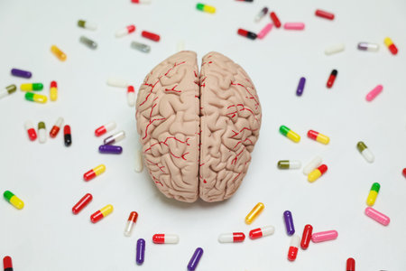 Artistic Representation of a Brain Surrounded by an Array of Colorful Pills and Capsulesの写真素材