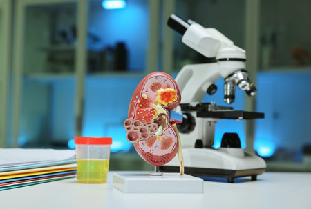 A Kidney Model under a Microscope is set up in a Laboratory Environment for Educational Purposesの写真素材