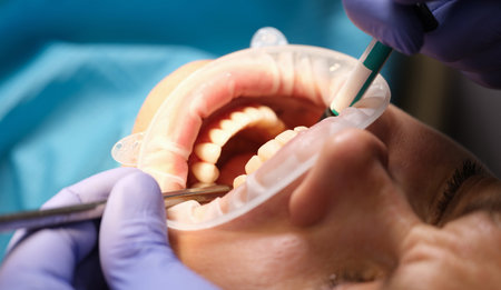 Dentist examines teeth with precision tools during a routine check-up in a modern clinic setting
