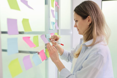 Creative brainstorming session with sticky notes in a modern office environment during a vibrant...