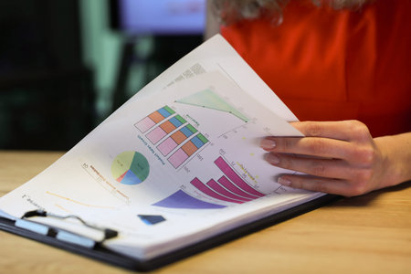 Detailed charts and graphs displayed in a report during a business meeting showcasing important data...