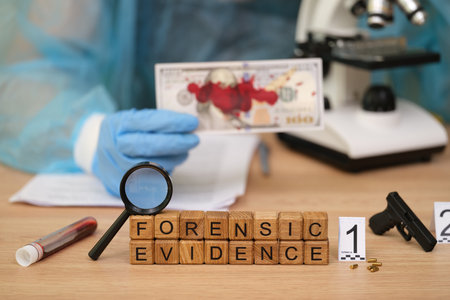 Forensic lab scene with evidence collection involving a mock crime setup featuring blood-stained...