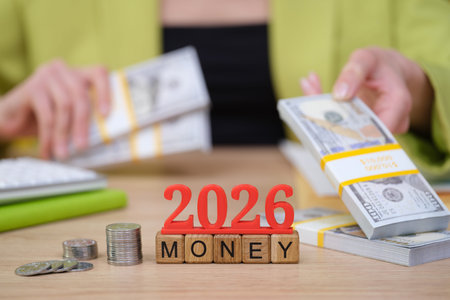 Creative display of 2026 money planning with cash, coins, and a calculator in a modern workspace...