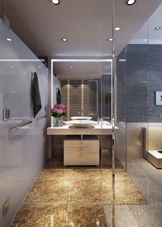 bathroom contemporary style with glass wool and decor. 3d renderの写真素材