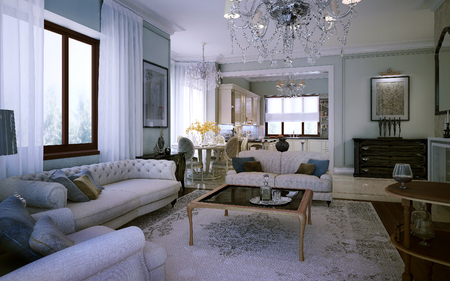 Very large living room in classical style with kitchen. 3d renderの写真素材