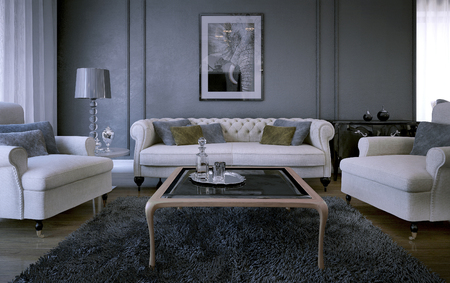 Very beautiful living room in art-deco style with white furniture. 3d renderの写真素材