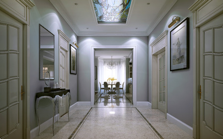Hallway in dining room with pictures and many door and mirror and console. 3d renderの写真素材