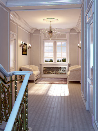 Staircase and little corridor with two sofa white color. 3d renderの写真素材
