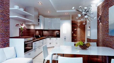 Modern luxury kitchen in contemporary style with white furniture. 3d renderの写真素材