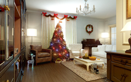 Living room in scandinavian style with christmas tree. 3d renderの写真素材