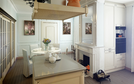 Scandinavian kitchen and dining room in white color. 3d renderの写真素材