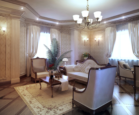Living room in a classical style with a big sofa and two armchair. 3D renderの写真素材