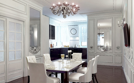 art-deco kitchen with dining room in white color. 3D renderの写真素材