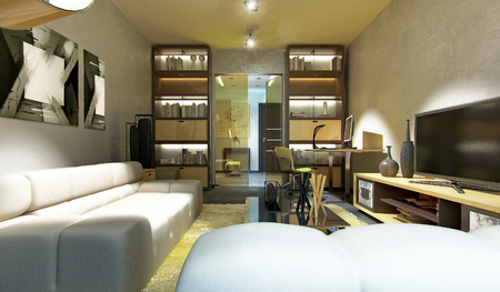 Modern living room with two bookcase in yellow color, contemporary style. 3D renderの写真素材
