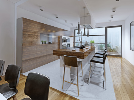 Kitchen high-tech style. Kitchen with breakfast bar embedded on the island. Bright and spacious interior for those who like everything new. 3D renderの写真素材
