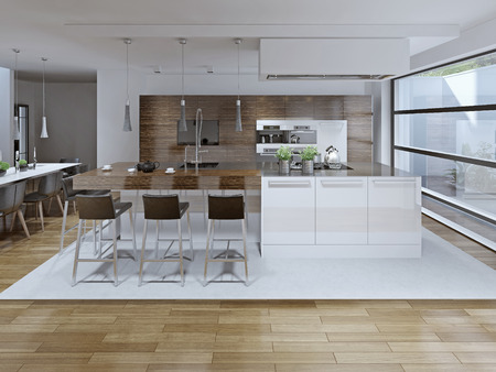 Interior View Of Luxury Kitchen And Dining Room . 3D renderの写真素材