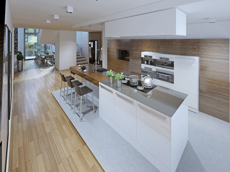 Design of spacious kitchen with island. 3D renderの写真素材