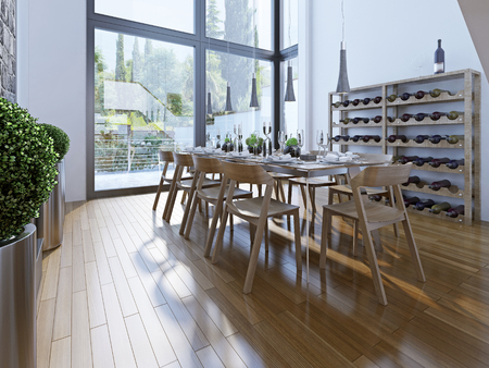 Design of dining room with brown furniture. A dining with a high ceiling and panoramic windows provide a good view. 3D renderの写真素材