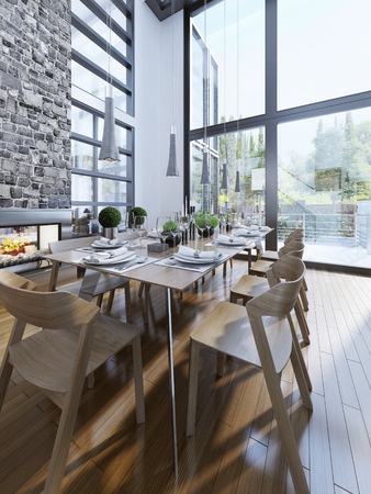 Bright design of dining with panoramic windows. 3D renderの写真素材