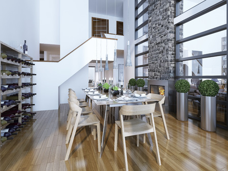 Dining room modern style with fireplace and home wine rack. Served with a light wooden table for 10 people. Cozy and bright room by the fireplace and panoramic two-story windows. Wine rack for connoisseurs. 3D renderの写真素材