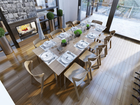 Modern dining room in luxury house. 3D renderの写真素材