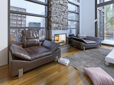 Warm sitting area in modern house. large sitting room has a similarly relaxed feel and multiple windows flood the space with light. 3D renderの写真素材