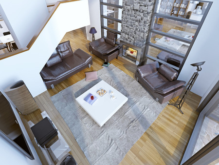 Idea of modern high-ceiling lounge room. Living room with leather furniture, white table in the center, two-story fireplace and huge panoramic windows. A fireplace with two rooms. Wall with windows to the second room. 3D renderの写真素材