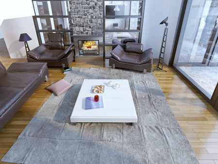 Modern living room with leather sofas. 3D renderの写真素材
