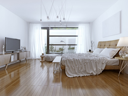 Design of bright bedroom contemporary style. 3D renderの写真素材