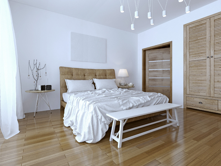 Beautiful and modern home and hotel bedroom. The contrast of the two colors: white and brown. Unmade bed with pillows, beautiful hanging lamp. 3D renderの写真素材