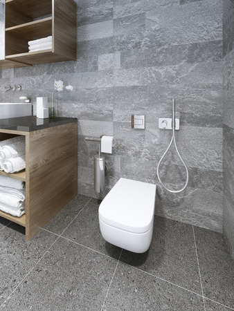 Wall-mounted toilet in modern bathroom. 3D renderの写真素材