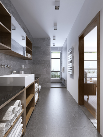 Bright modern bathroom interior with separaded shower. Spacious multifunctional bathroom design. Waterproof ceiling lights. 3D renderの写真素材