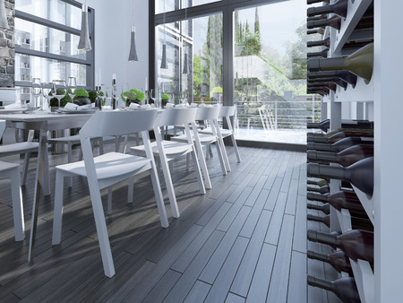 Wine rack on dining room. Wine rack in a bright room with a high ceiling. gray laminate. 3D renderの写真素材